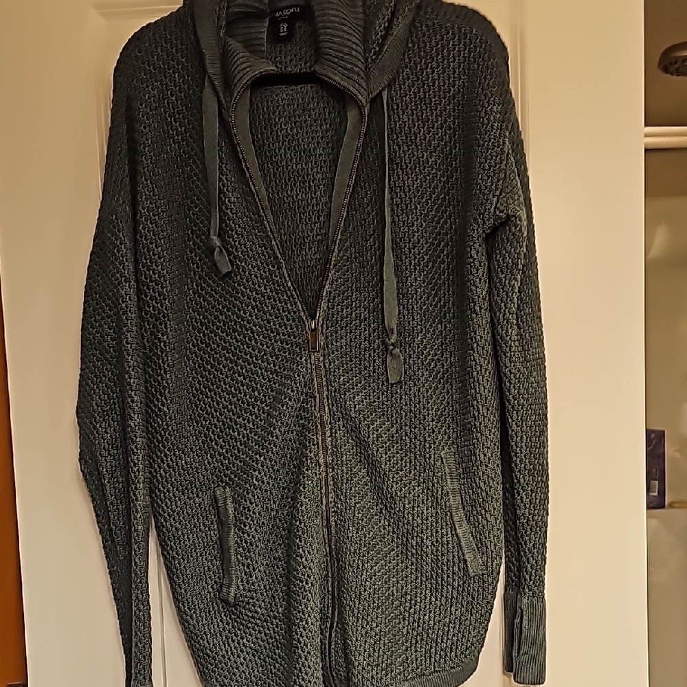 Olive Green Zip Up Waffle Knit Sweater with Hood